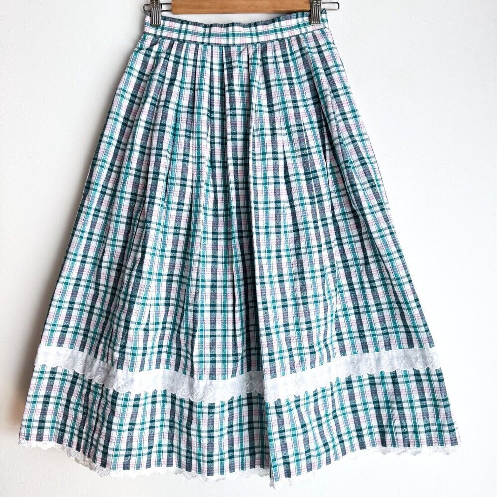 Vintage Check Print Green White Picnic Table Motif Midi Skirt S